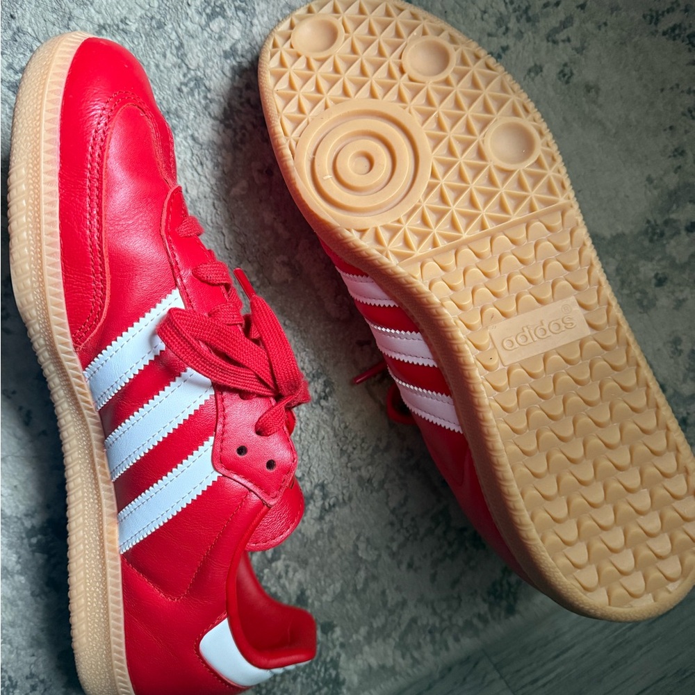 Adidas Red Leather Sambas with White Stripes - Picture 2 of 2